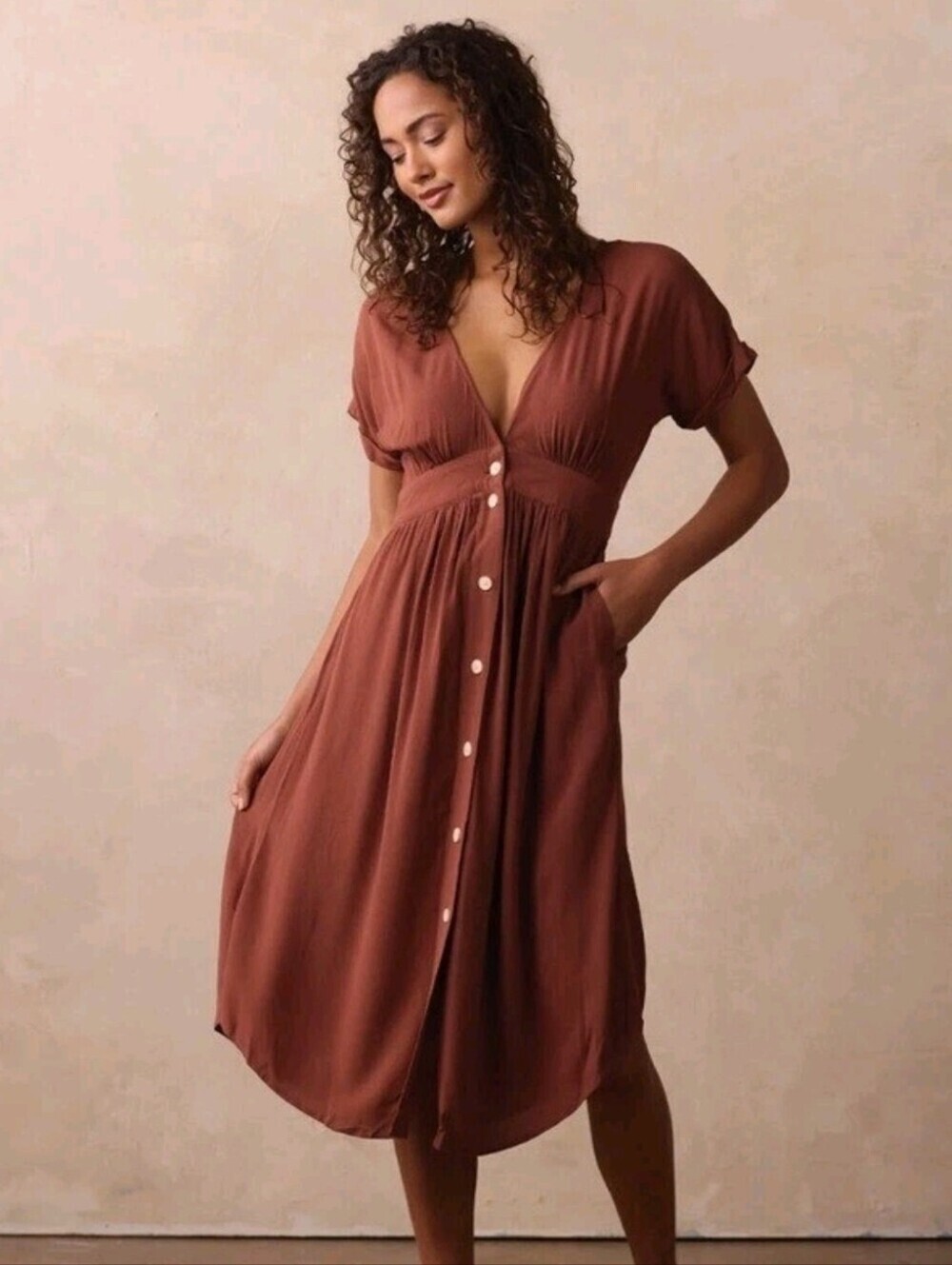 The Normal Brand Clay Brown Deep V Neck Dress. Size Large.